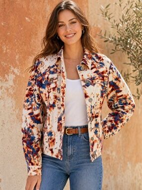 Skinnygirl Tie Dye Denim Jacket XL NWOT Blue Rust Orange Statement Jean Jacket
